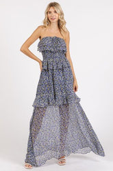 Mittoshop Ruffled Smocked Floral Halter Neck Maxi Dress Dark Navy OutfitFlow